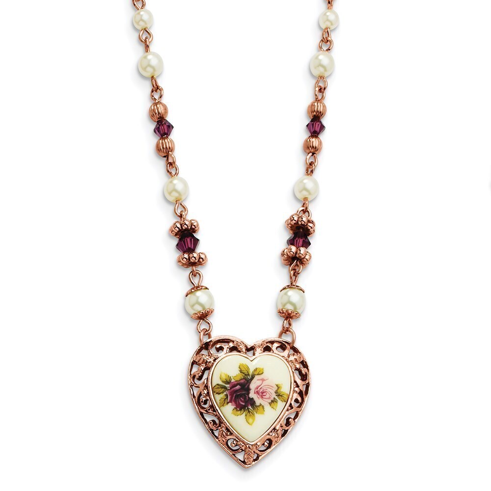 Heart Filigree Frame Purple Crystal Bead Faux Pearl Rose Floral Motif Necklace